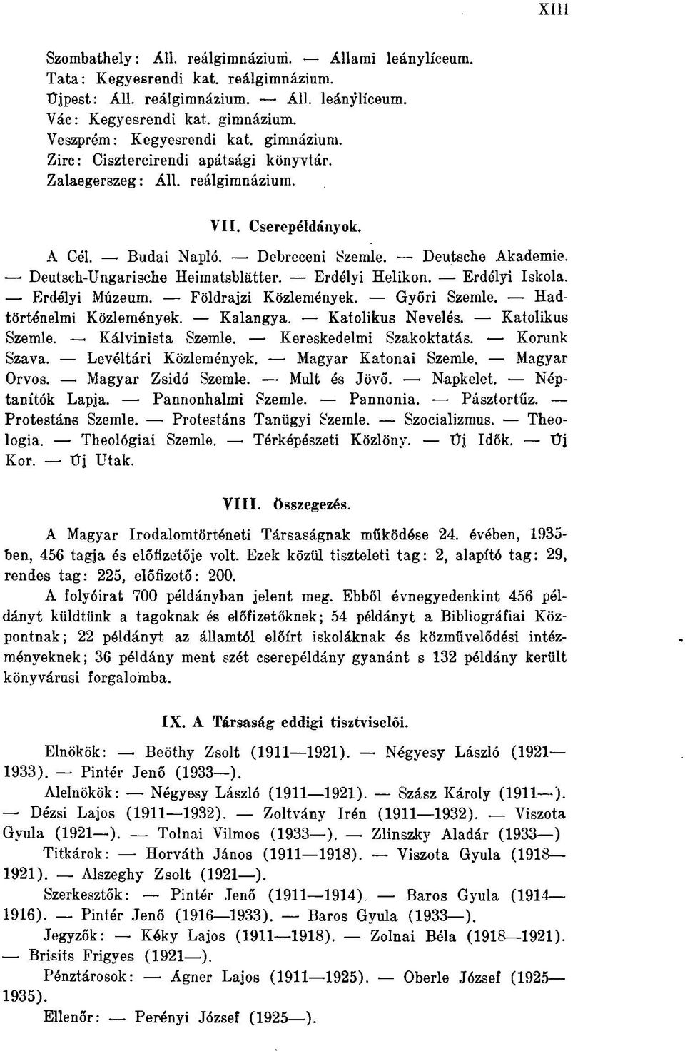 Deutsch-Ungarische Heimatsblätter. Erdélyi Helikon. Erdélyi Iskola. Erdélyi Múzeum. Földrajzi Közlemények. Győri Szemle. Hadtörténelmi Közlemények. Kalangya. Katolikus Nevelés. Katolikus Szemle.