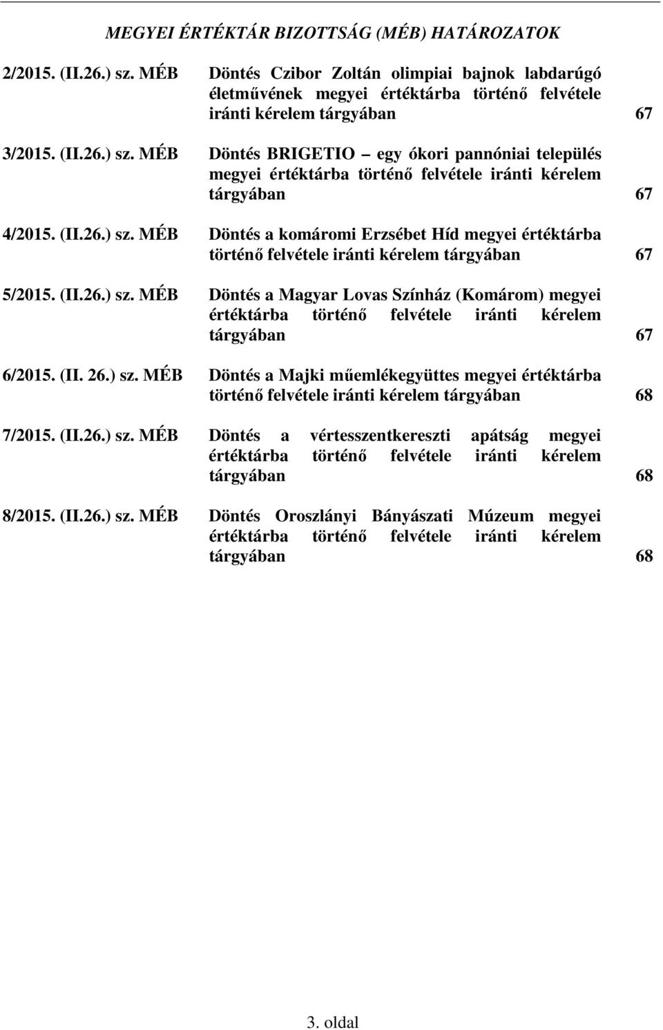 (II.26.) sz. MÉB Döntés a Magyar Lovas Színház (Komárom) megyei értéktárba történő felvétele iránti kérelem tárgyában 67 6/2015. (II. 26.) sz. MÉB Döntés a Majki műemlékegyüttes megyei értéktárba történő felvétele iránti kérelem tárgyában 68 7/2015.