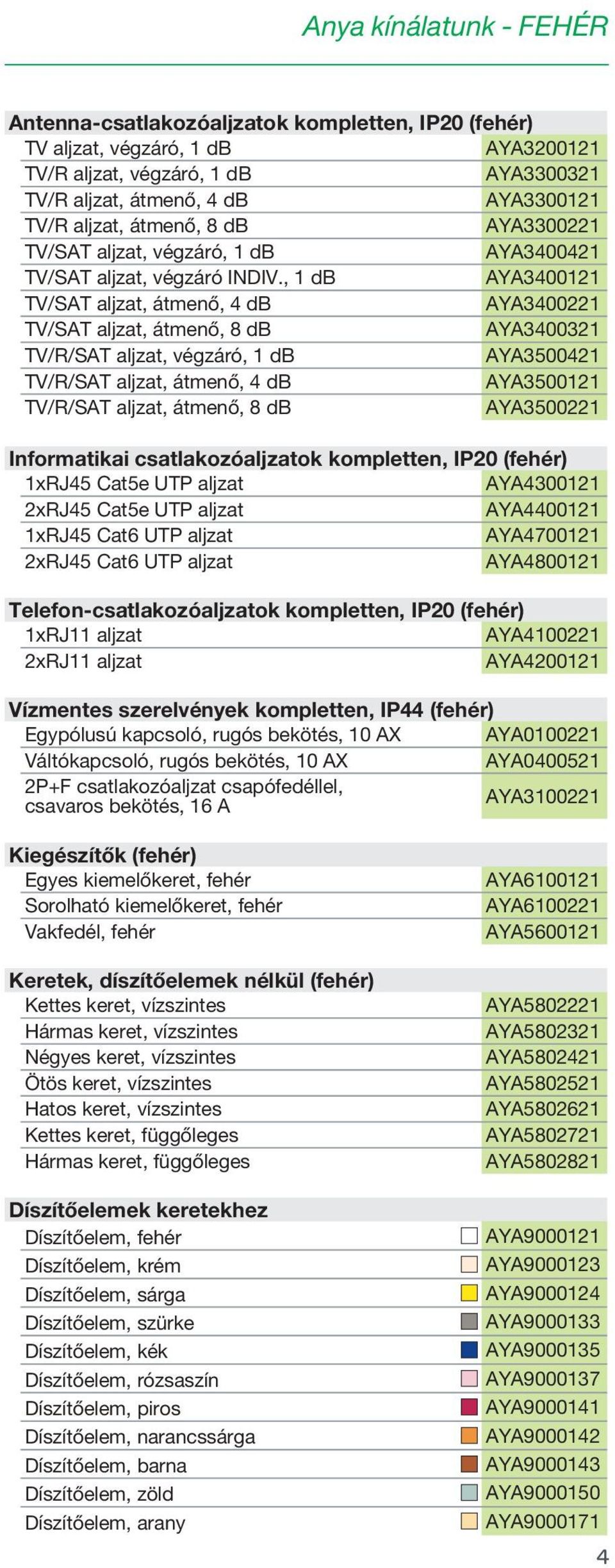 , 1 db AYA3400121 TV/SAT aljzat, átmenő, 4 db AYA3400221 TV/SAT aljzat, átmenő, 8 db AYA3400321 TV/R/SAT aljzat, végzáró, 1 db AYA3500421 TV/R/SAT aljzat, átmenő, 4 db AYA3500121 TV/R/SAT aljzat,