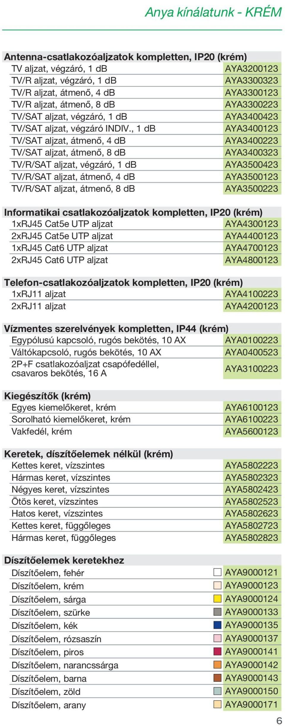 , 1 db AYA3400123 TV/SAT aljzat, átmenő, 4 db AYA3400223 TV/SAT aljzat, átmenő, 8 db AYA3400323 TV/R/SAT aljzat, végzáró, 1 db AYA3500423 TV/R/SAT aljzat, átmenő, 4 db AYA3500123 TV/R/SAT aljzat,