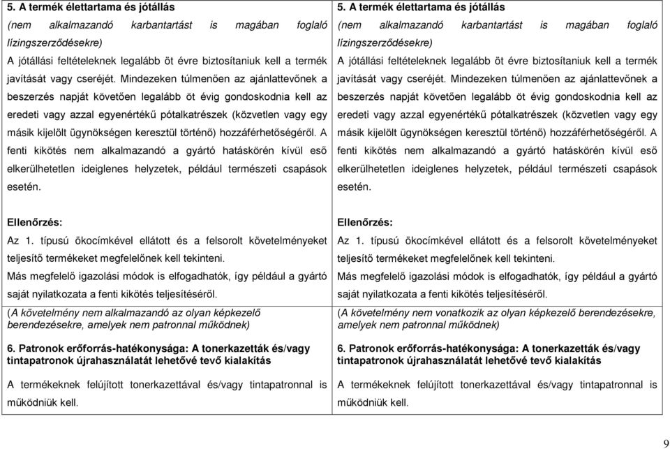 Mindezeken túlmenően az ajánlattevőnek a beszerzés napját követően legalább öt évig gondoskodnia kell az eredeti vagy azzal egyenértékű pótalkatrészek (közvetlen vagy egy másik kijelölt ügynökségen