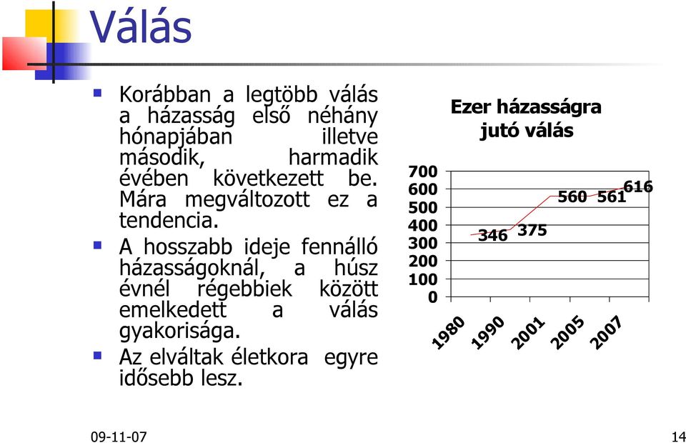 A hosszabb ideje fennálló házasságoknál, a húsz évnél régebbiek között emelkedett a válás gyakorisága.