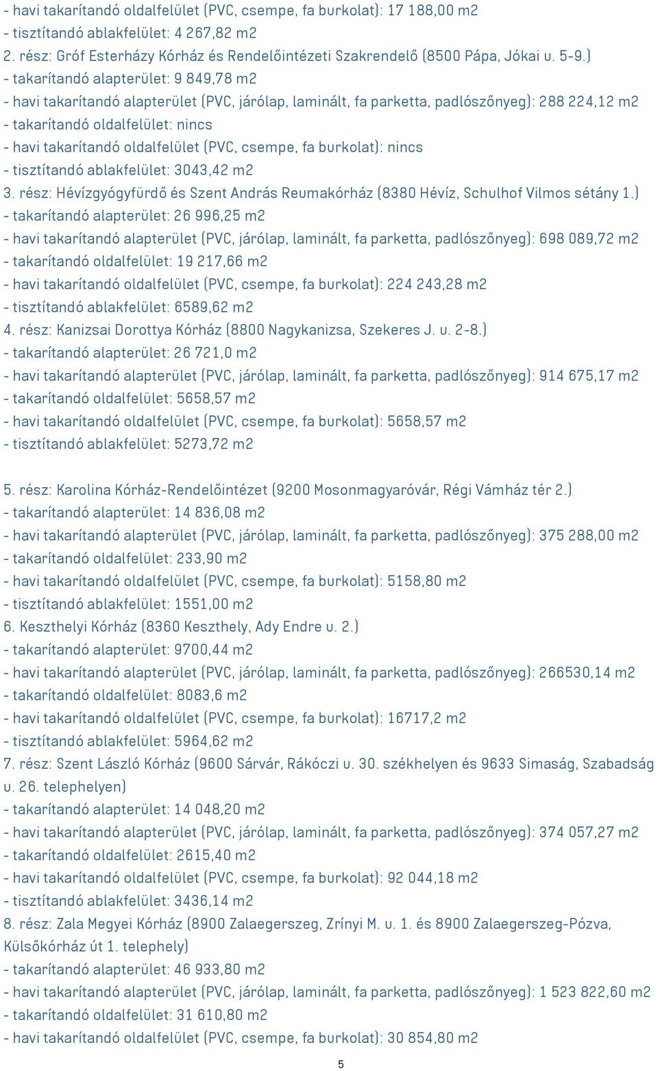 oldalfelület (PVC, csempe, fa burkolat): nincs - tisztítandó ablakfelület: 3043,42 m2 3. rész: Hévízgyógyfürdő és Szent András Reumakórház (8380 Hévíz, Schulhof Vilmos sétány 1.