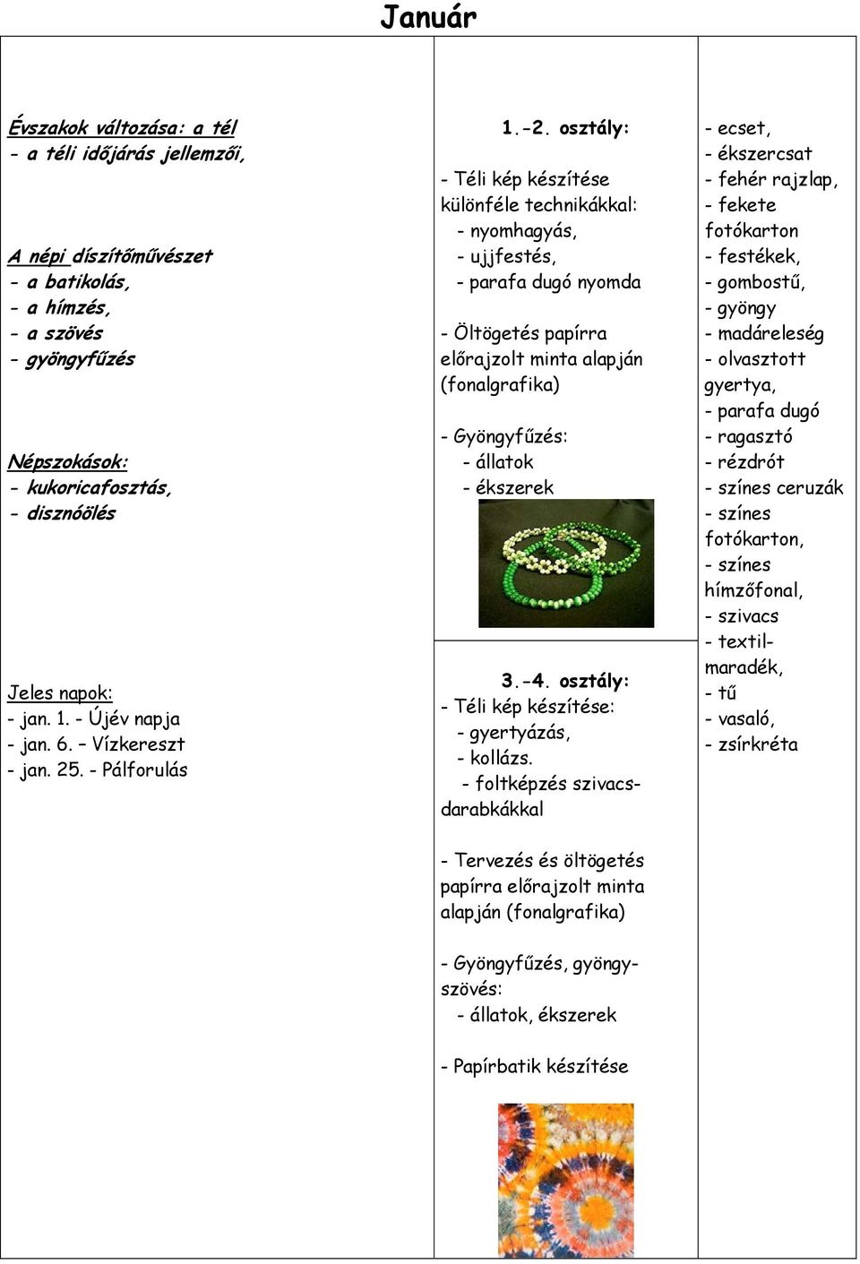 osztály: - Téli kép készítése különféle technikákkal: - nyomhagyás, - ujjfestés, - parafa dugó nyomda - Öltögetés papírra előrajzolt minta alapján (fonalgrafika) - Gyöngyfűzés: - állatok - ékszerek 3.