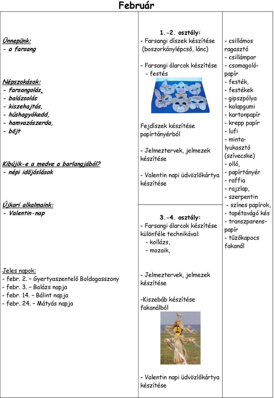 osztály: - Farsangi díszek készítése (boszorkánylépcső, lánc) - Farsangi álarcok készítése - festés Fejdíszek készítése papírtányérból - Jelmeztervek, jelmezek készítése - Valentin napi üdvözlőkártya