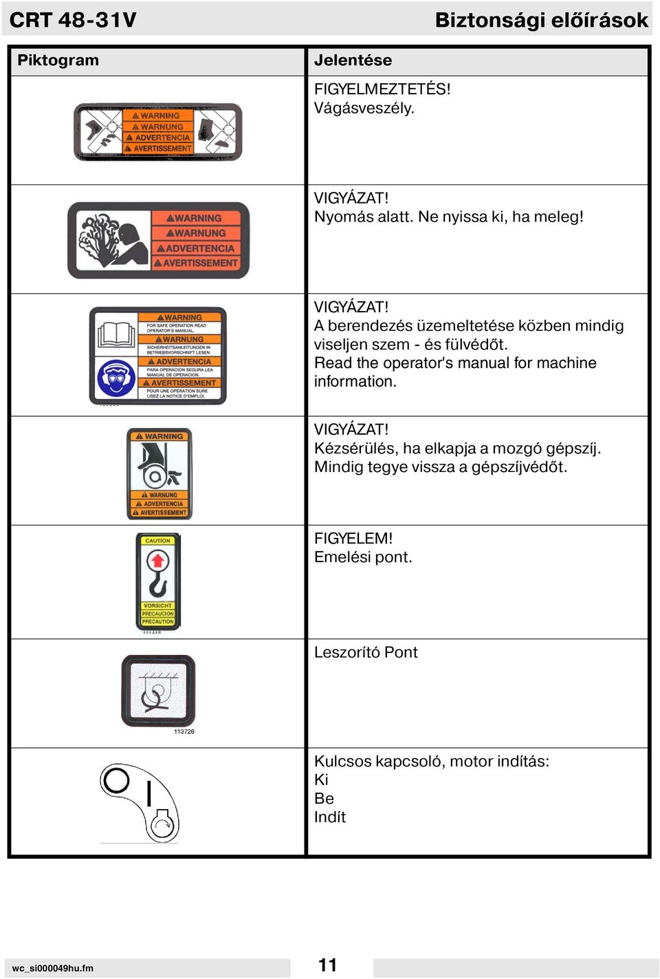 Read the operator's manual for machine information. VIGYÁZAT! Kézsérülés, ha elkapja a mozgó gépsz j.