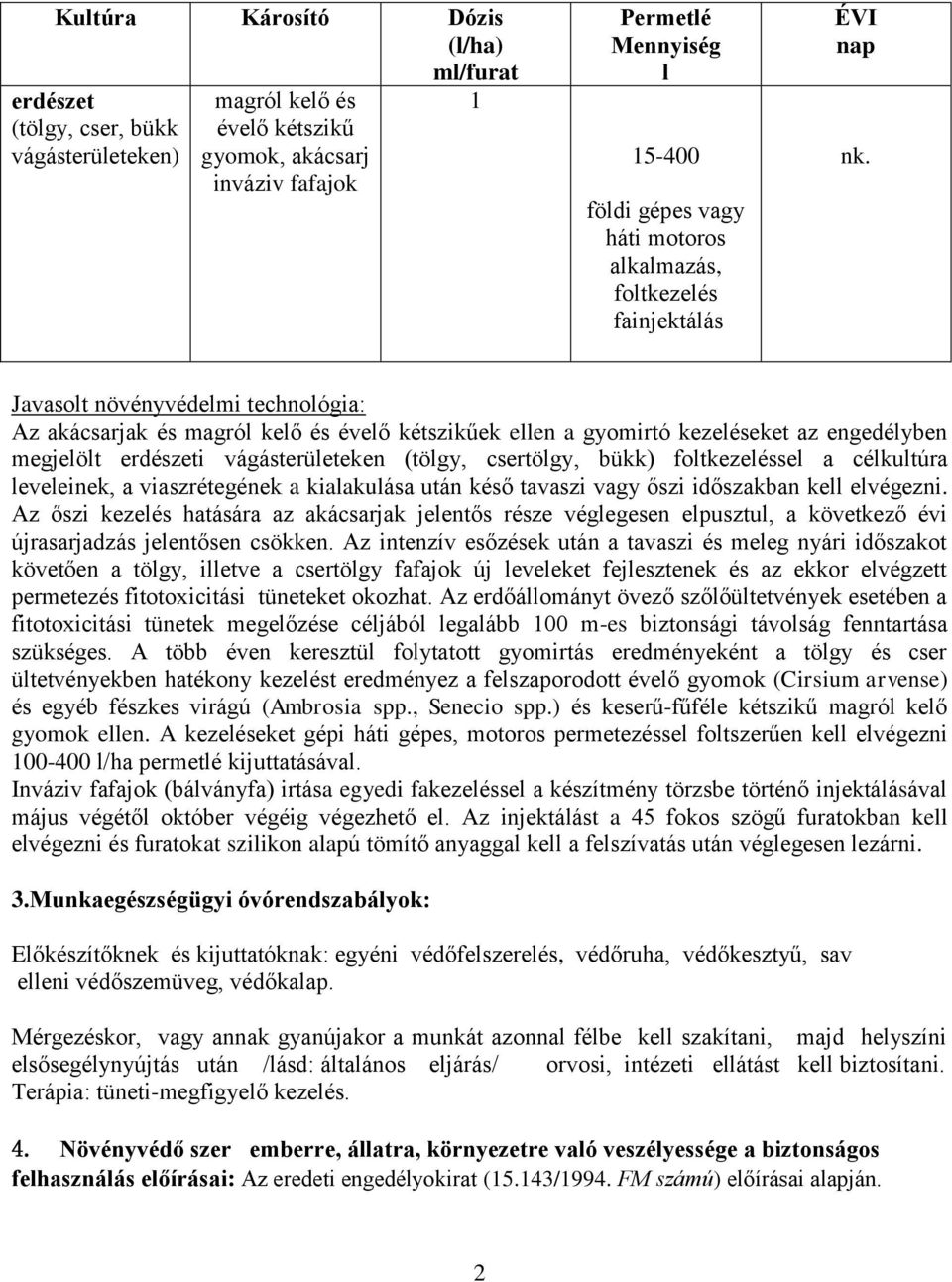 Javasolt növényvédelmi technológia: Az akácsarjak és magról kelő és évelő kétszikűek ellen a gyomirtó kezeléseket az engedélyben megjelölt erdészeti vágásterületeken (tölgy, csertölgy, bükk)