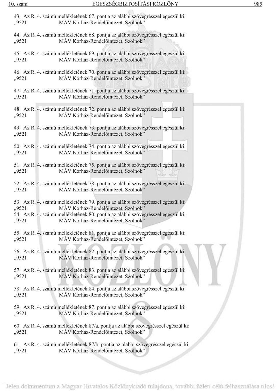 pontja az alábbi szövegrésszel egészül ki: 9521 MÁV Kórház-Rendelõintézet, Szolnok 46. Az R. 4. számú mellékletének 70.