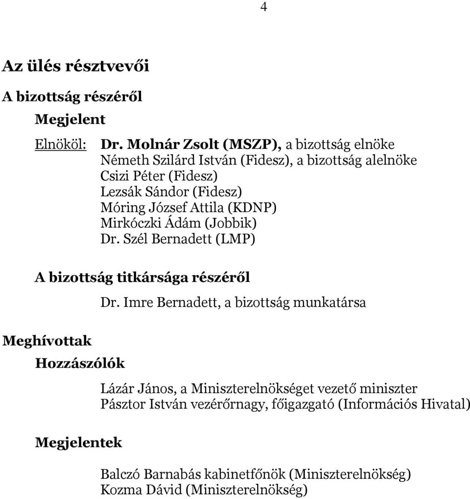 József Attila (KDNP) Mirkóczki Ádám (Jobbik) Dr. Szél Bernadett (LMP) A bizottság titkársága részéről Meghívottak Hozzászólók Megjelentek Dr.