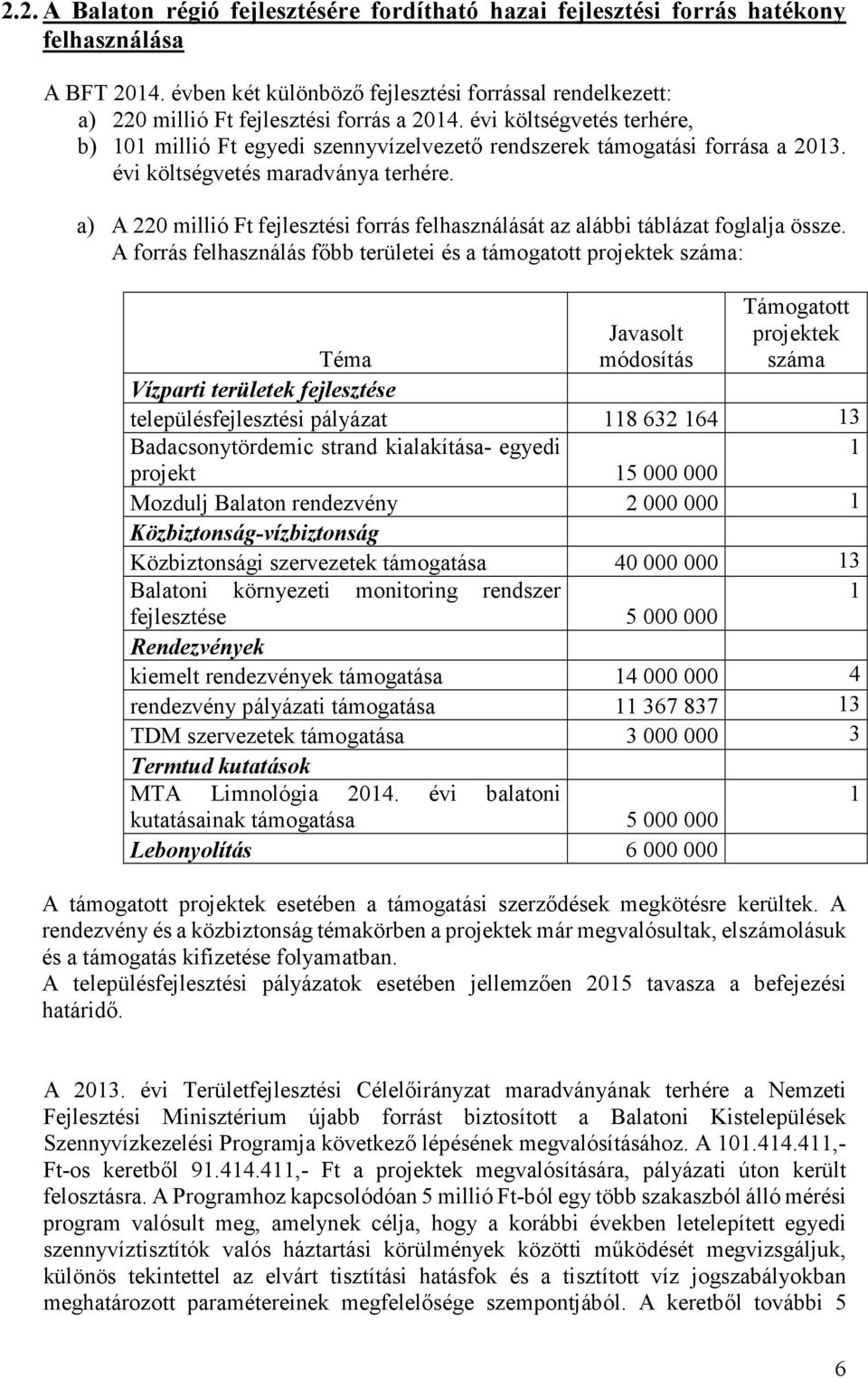 évi költségvetés terhére, b) 101 millió Ft egyedi szennyvízelvezető rendszerek támogatási forrása a 2013. évi költségvetés maradványa terhére.