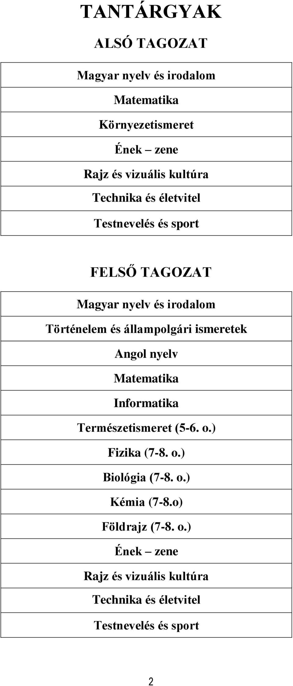 állampolgári ismeretek Angol nyelv Matematika Informatika Természetismeret (5-6. o.) Fizika (7-8. o.) Biológia (7-8.