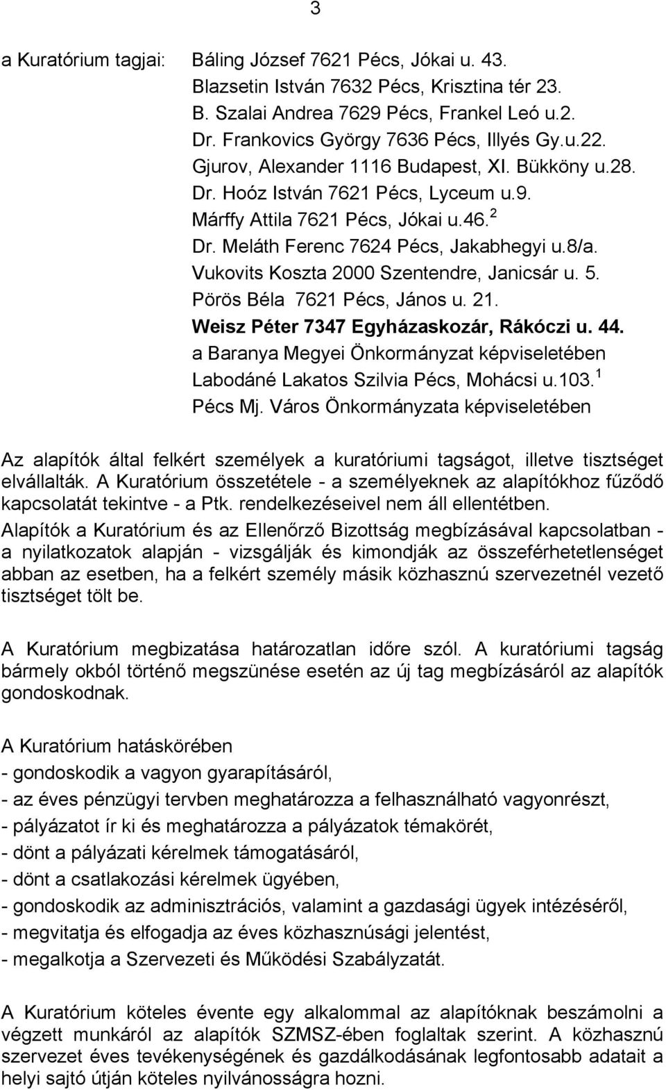 Vukovits Koszta 2000 Szentendre, Janicsár u. 5. Pörös Béla 7621 Pécs, János u. 21. Weisz Péter 7347 Egyházaskozár, Rákóczi u. 44. a képviseletében Labodáné Lakatos Szilvia Pécs, Mohácsi u.103.