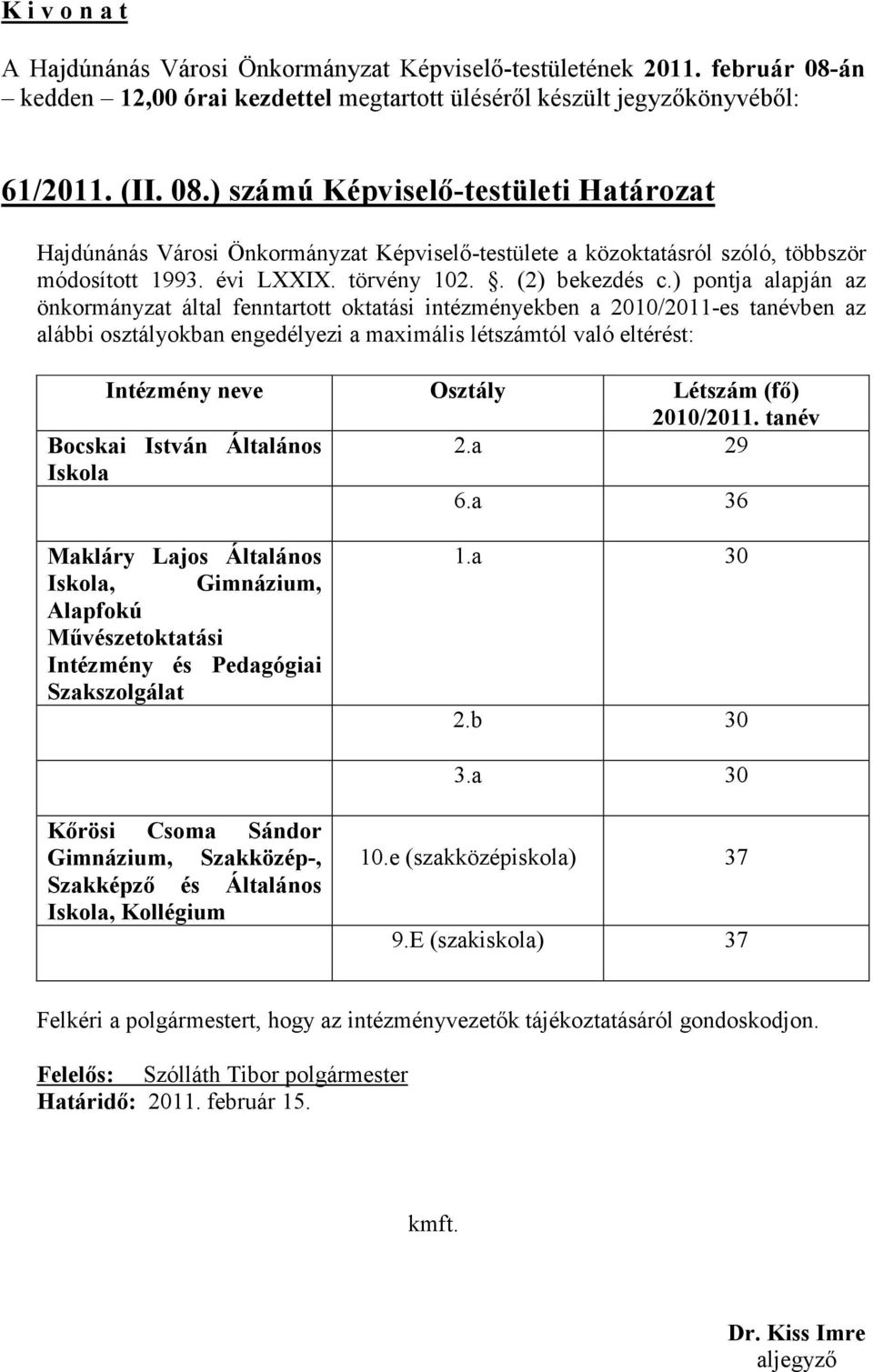 ) számú Képviselő-testületi Határozat Hajdúnánás Városi Önkormányzat Képviselő-testülete a közoktatásról szóló, többször módosított 1993. évi LXXIX. törvény 102.. (2) bekezdés c.