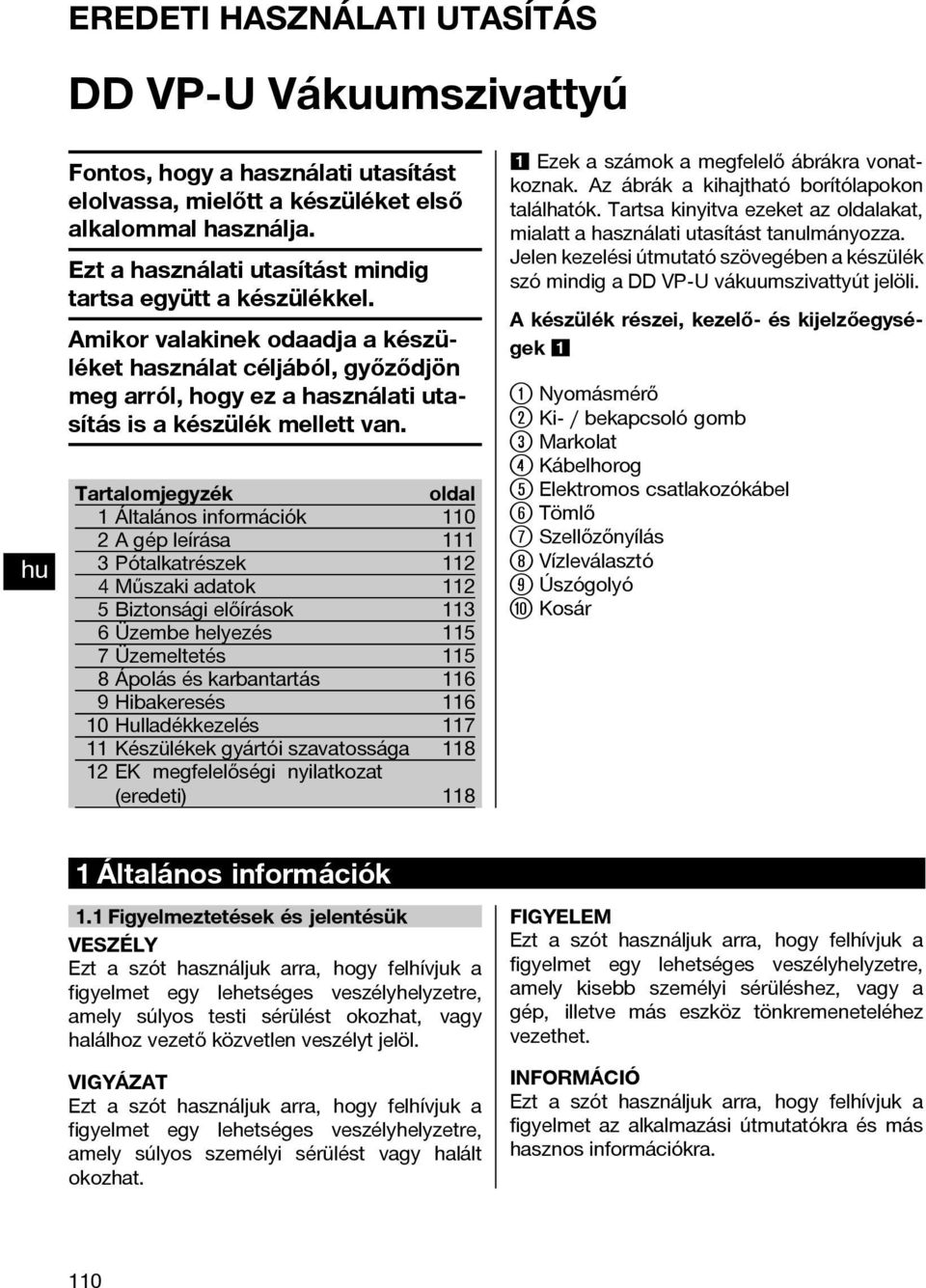 Tartalomjegyzék oldal 1 Általános információk 110 2Agépleírása 111 3Pótalkatrészek 112 4 Műszaki adatok 112 5 Biztonsági előírások 113 6 Üzembe helyezés 115 7 Üzemeltetés 115 8Ápoláséskarbantartás