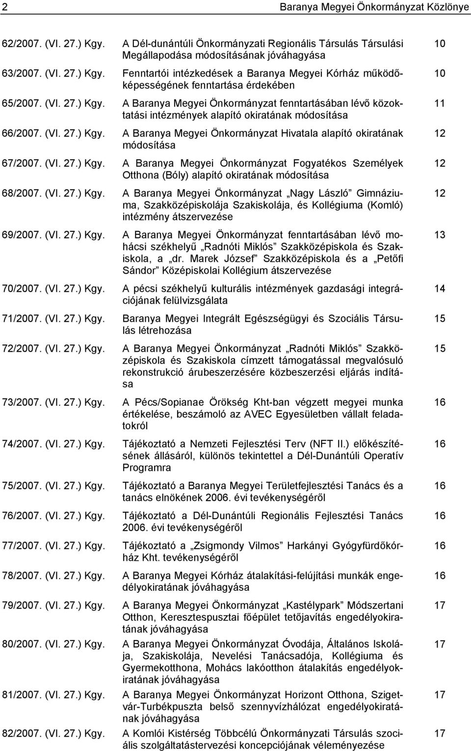 (VI. 27.) Kgy. A Baranya Megyei Önkormányzat Fogyatékos Személyek Otthona (Bóly) alapító okiratának módosítása 68/2007. (VI. 27.) Kgy. A Baranya Megyei Önkormányzat Nagy László Gimnáziuma, Szakközépiskolája Szakiskolája, és Kollégiuma (Komló) intézmény átszervezése 69/2007.