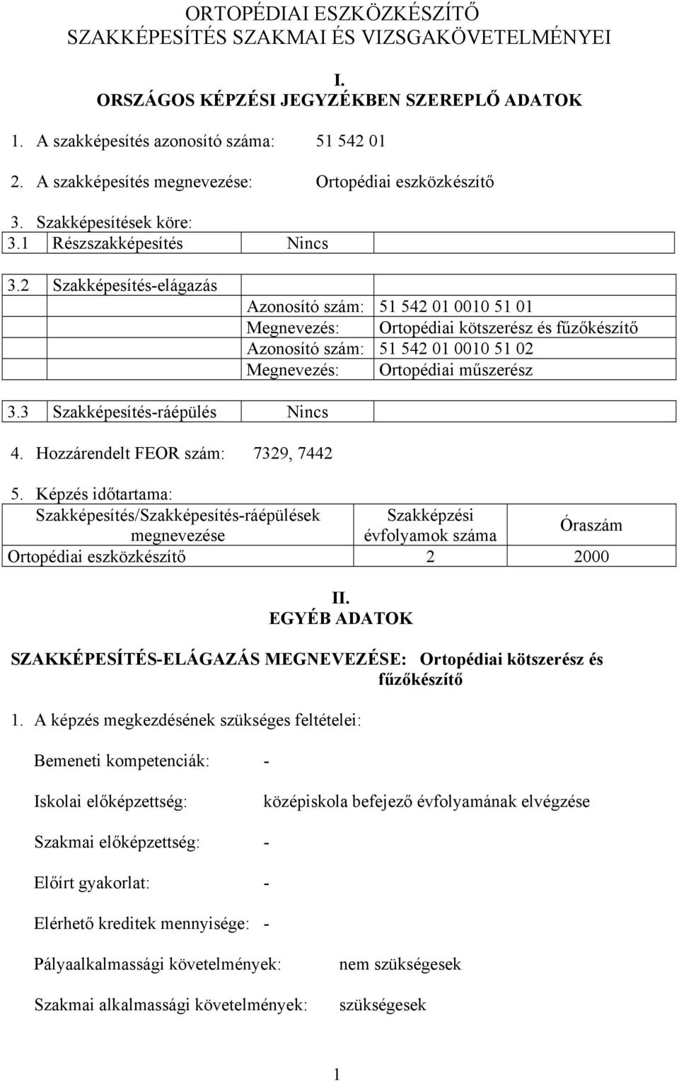 2 Szakképesítés-elágazás Azonosító szám: 51 542 01 0010 51 01 Megnevezés: Ortopédiai kötszerész és fűzőkészítő Azonosító szám: 51 542 01 0010 51 02 Megnevezés: Ortopédiai műszerész 3.