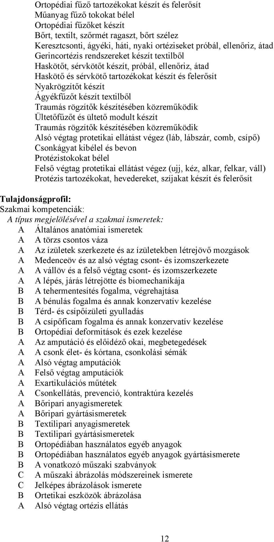 Ágyékfűzőt készít textilből Traumás rögzítők készítésében közreműködik Ültetőfűzőt és ültető modult készít Traumás rögzítők készítésében közreműködik Alsó végtag protetikai ellátást végez (láb,