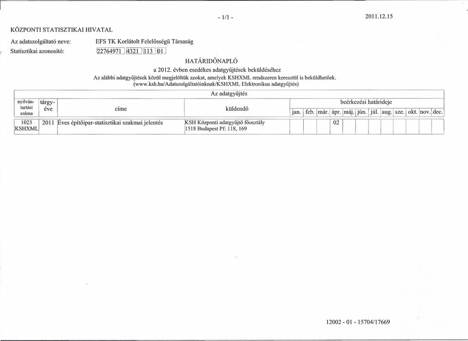 (wwwkshhu/adatszolgáltatóinknakikshxml Elektronikus adatgyűjtés) Az adatgyűjtés nyilván- tárgy- beérkezési határideje tartási éve címe küldendő száma 1023 2011 ves