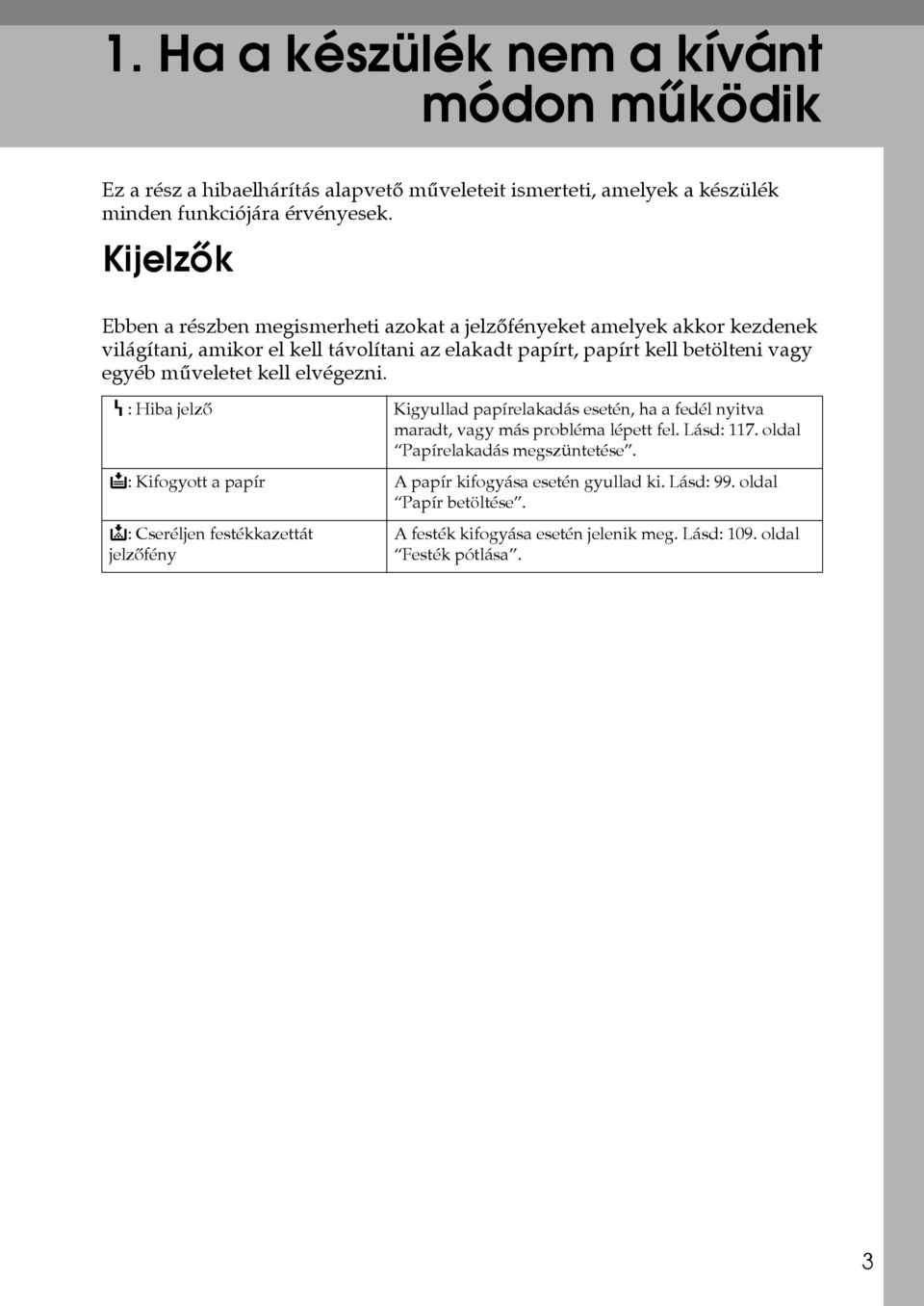 mûveletet kell elvégezni. h: Hiba jelzõ Kigyullad papírelakadás esetén, ha a fedél nyitva maradt, vagy más probléma lépett fel. Lásd: 117. oldal Papírelakadás megszüntetése.