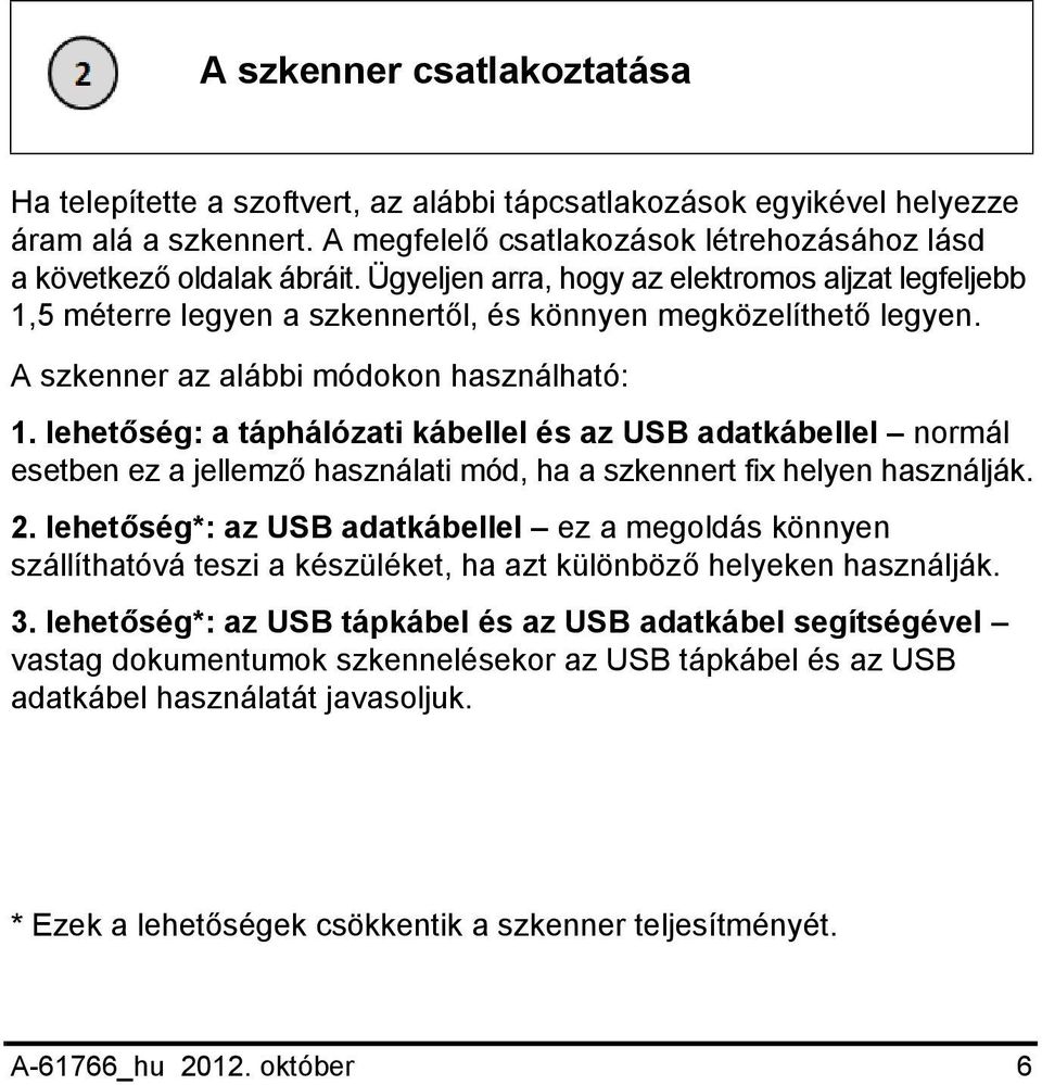 lehetőség: a táphálózati kábellel és az USB adatkábellel normál esetben ez a jellemző használati mód, ha a szkennert fix helyen használják. 2.