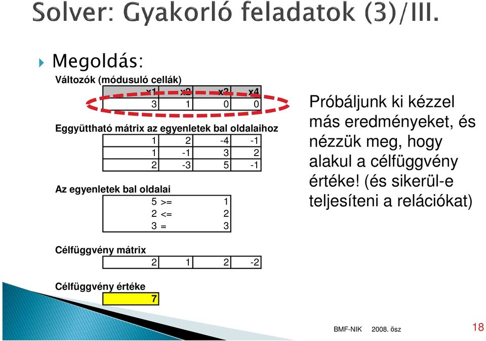 2 3 = 3 Próbáljunk ki kézzel más eredményeket, és nézzük meg, hogy alakul a célfüggvény