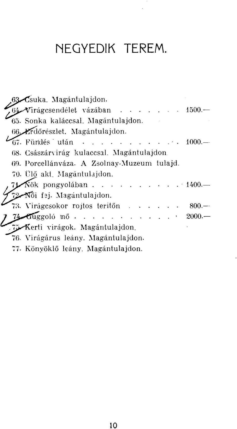 A Zsolnay-Muzeum tulajd. 70. Ülő akt. Magántulajdon. T^lNők pongyolában 1400. 7^.--Női fej. Magántulajdon. 73.