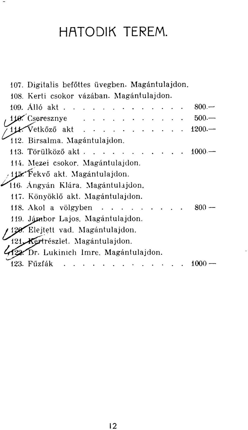 Magántulajdon. HS^'Fekvő akt. Magántulajdon. 116. Ángyán Klára. Magántulajdon, 117. Könyöklő akt. Magántulajdon. 118.