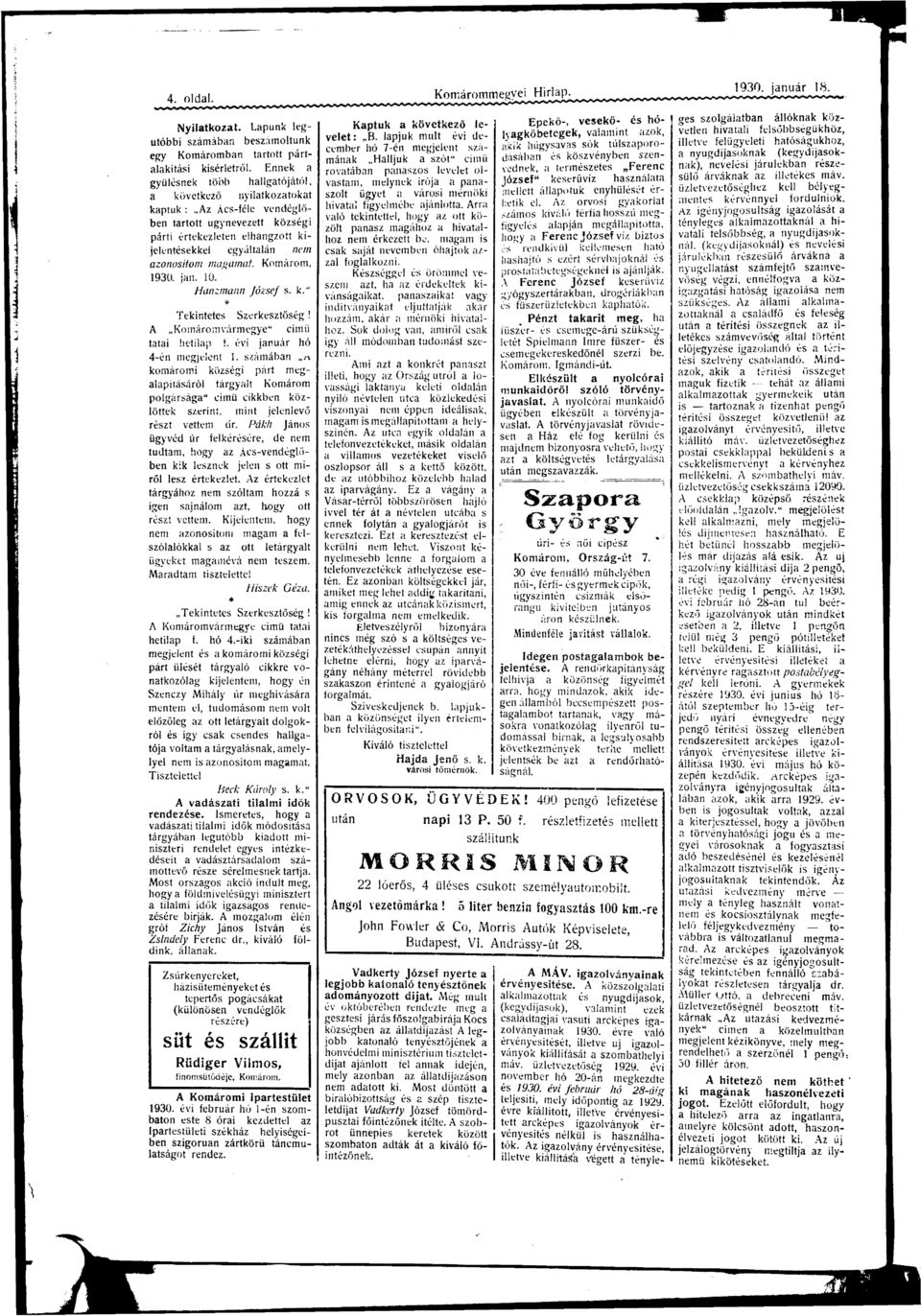 10. Hnzmnn József s. k." Tekntetes Szerkesztőség! A Komáromvármegye" cmü tt hetlp f. év jnuár hó 4-én megjelent 1.