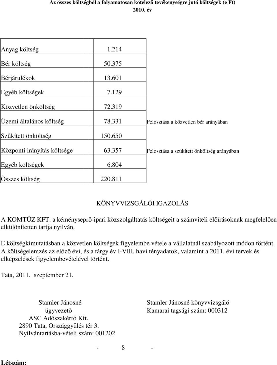 804 Összes költség 220.811 KÖNYVVIZSGÁLÓI IGAZOLÁS A KOMTŐZ KFT. a kéményseprı-ipari közszolgáltatás költségeit a számviteli elıírásoknak megfelelıen elkülönítetten tartja nyilván.