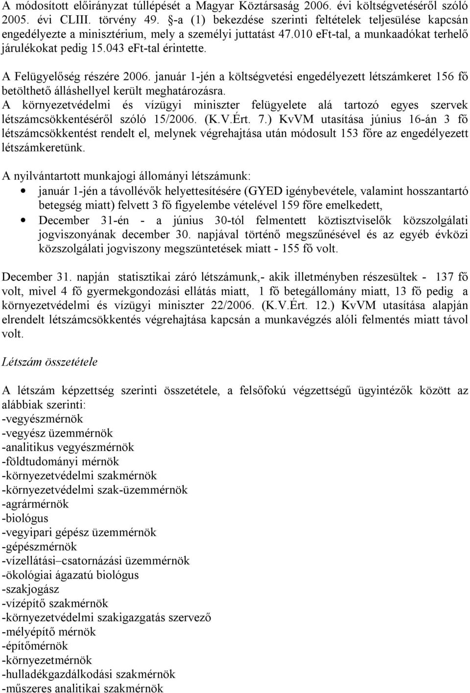 A Felügyelőség részére 2006. január 1-jén a költségvetési engedélyezett létszámkeret 156 fő betölthető álláshellyel került meghatározásra.