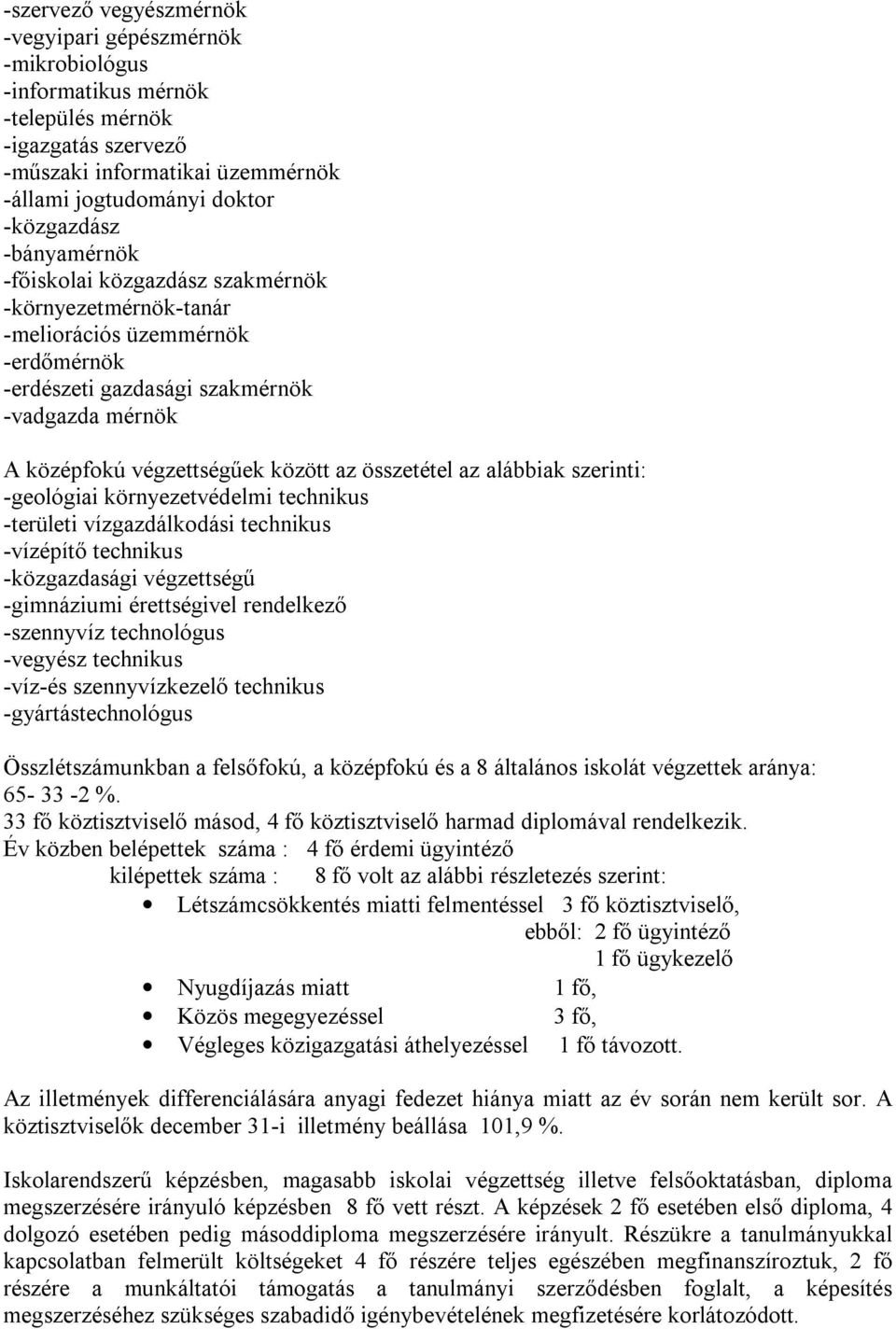 összetétel az alábbiak szerinti: -geológiai környezetvédelmi technikus -területi vízgazdálkodási technikus -vízépítő technikus -közgazdasági végzettségű -gimnáziumi érettségivel rendelkező -szennyvíz