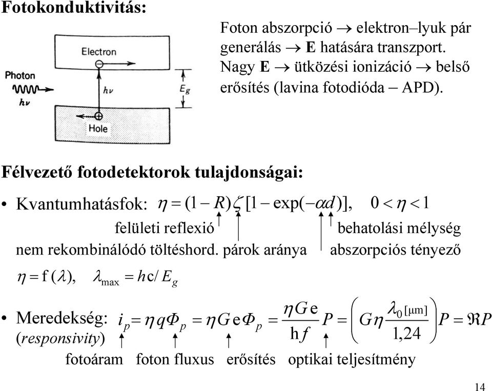 Félvztő fotodtktorok tulajdonságai: Kvantumhatásfok: η = ( 1 R) ζ [1 x( αd )], 0 < η < 1 flülti rflxió bhatolási