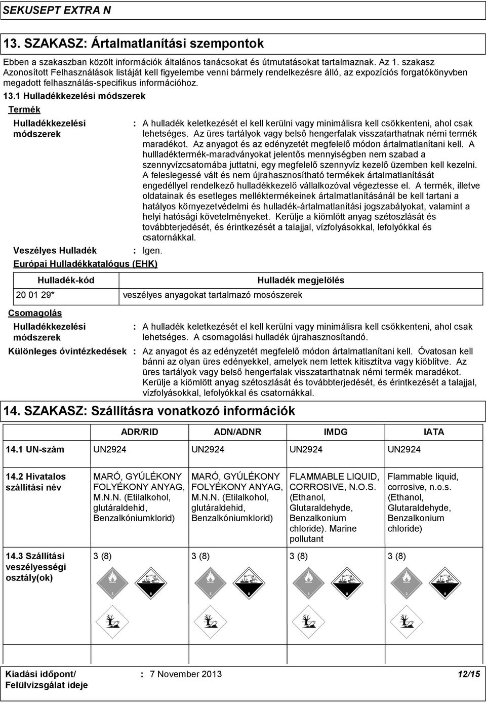 1 Hulladékkezelési módszerek Termék Hulladékkezelési módszerek A hulladék keletkezését el kell kerülni vagy minimálisra kell csökkenteni, ahol csak lehetséges.