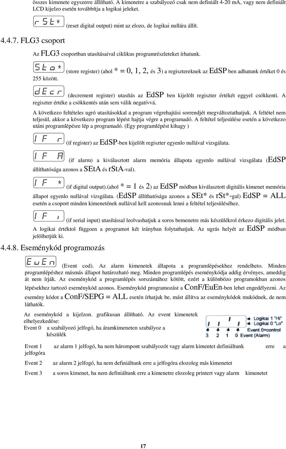 * (store register) (ahol * = 0, 1, 2, és 3) a regisztereknek az EdSP ben adhatunk értéket 0 és 255 között. (decrement register) utasítás az EdSP ben kijelölt regiszter értékét eggyel csökkenti.