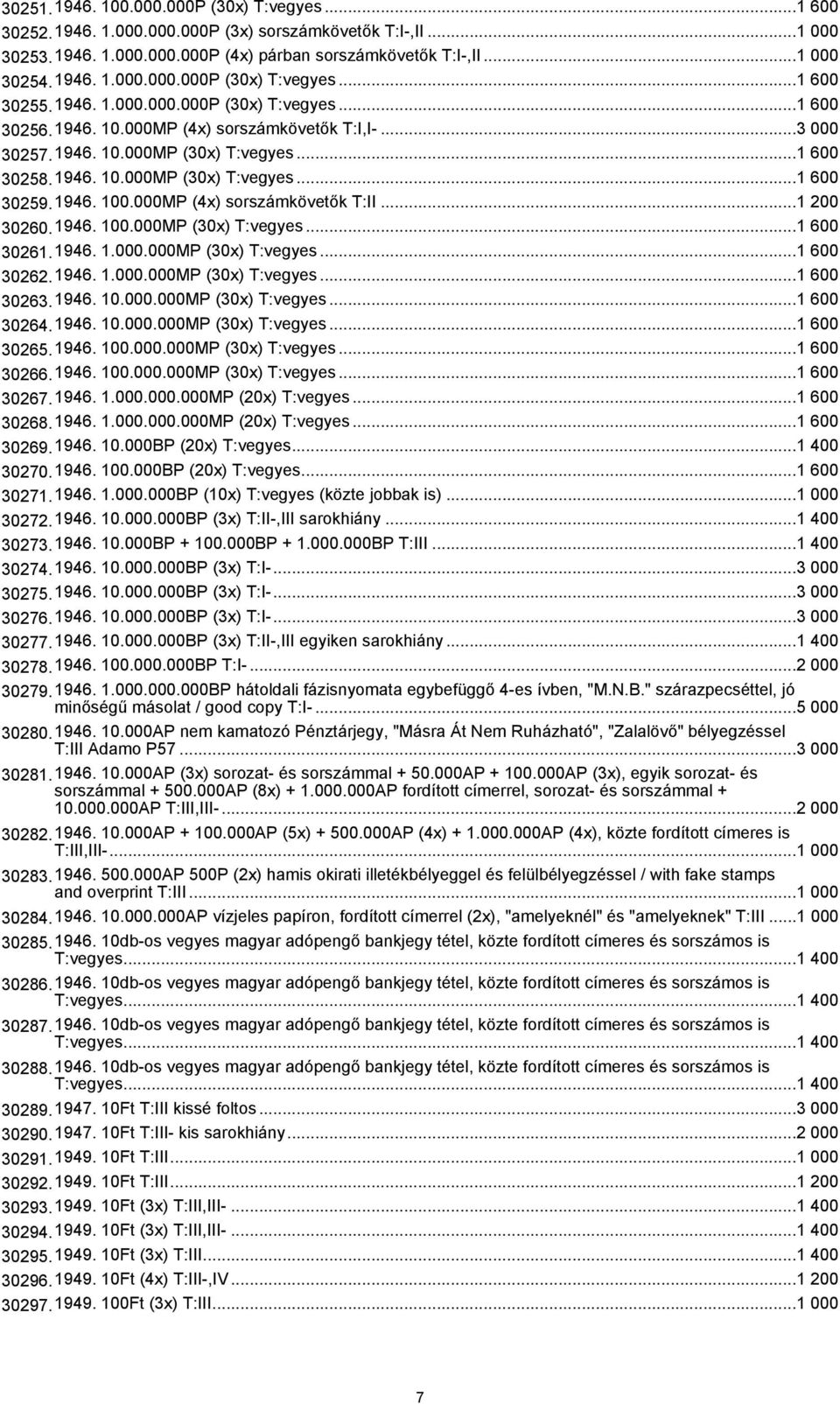 000MP (4x) sorszámkövetők T:II...1 200 30260.1946. 100.000MP (30x) T:vegyes...1 600 30261.1946. 1.000.000MP (30x) T:vegyes...1 600 30262.1946. 1.000.000MP (30x) T:vegyes...1 600 30263.1946. 10.000.000MP (30x) T:vegyes...1 600 30264.