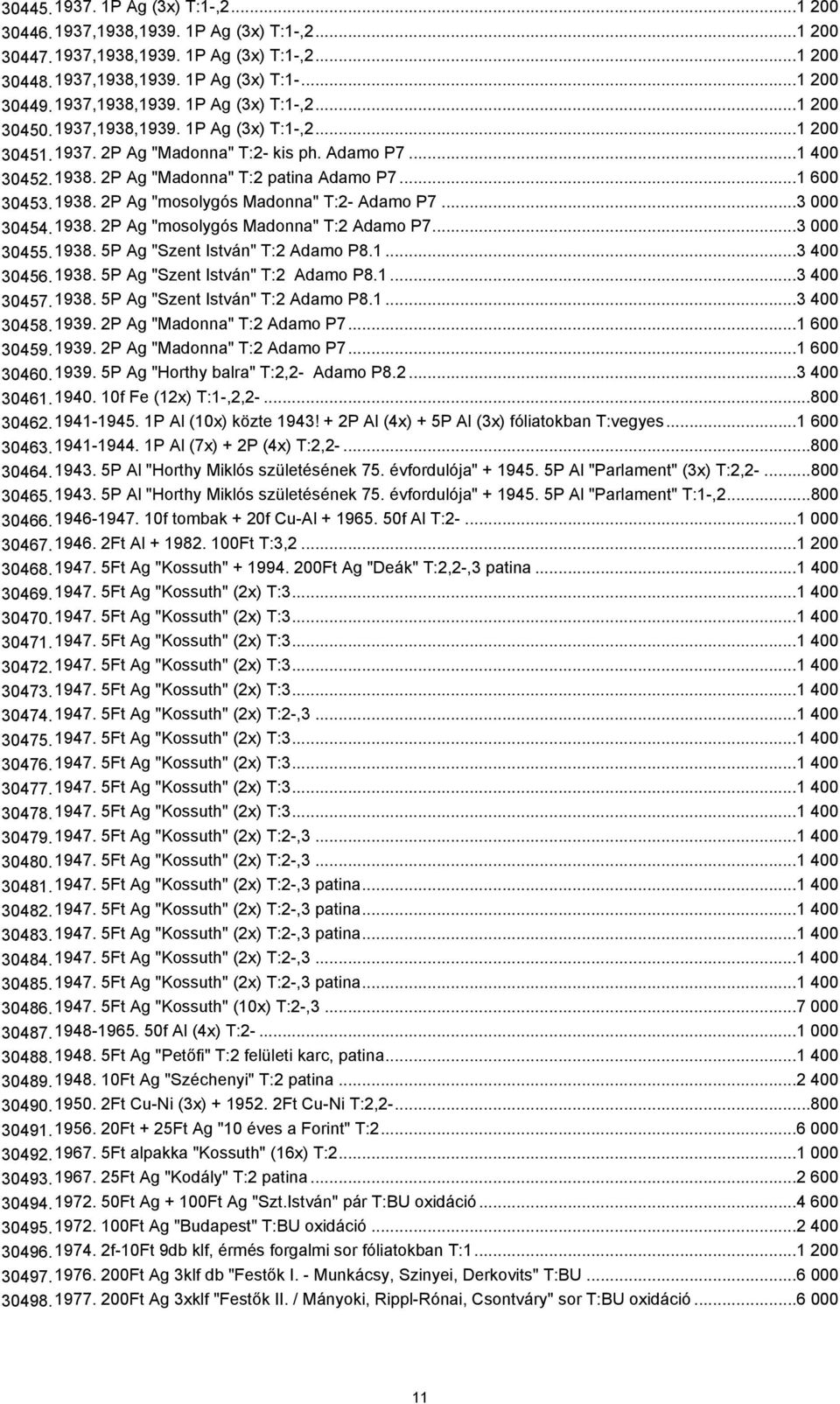 ..1 600 30453.1938. 2P Ag "mosolygós Madonna" T:2- Adamo P7...3 000 30454.1938. 2P Ag "mosolygós Madonna" T:2 Adamo P7...3 000 30455.1938. 5P Ag "Szent István" T:2 Adamo P8.1...3 400 30456.1938. 5P Ag "Szent István" T:2 Adamo P8.1...3 400 30457.