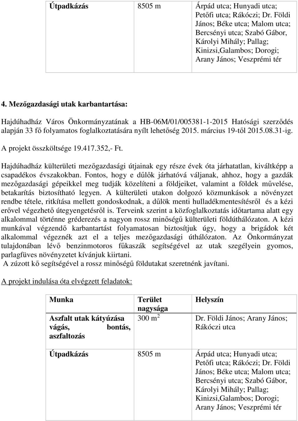 Mezőgazdasági utak karbantartása: Hajdúhadház Város Önkormányzatának a HB-06M/01/005381-1-2015 Hatósági szerződés alapján 33 fő folyamatos foglalkoztatására nyílt lehetőség 2015. március 19-től 2015.