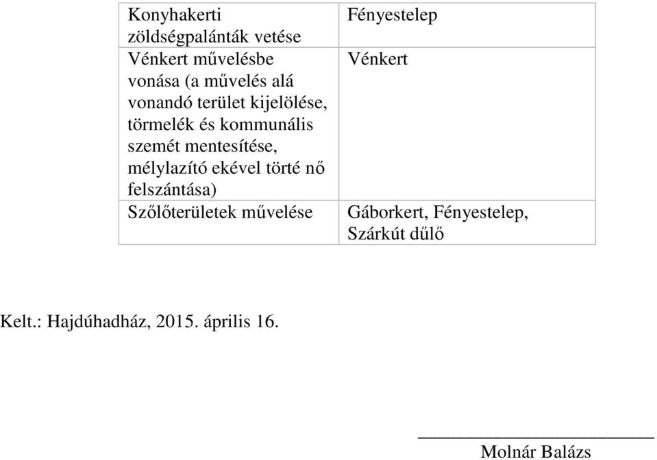 mélylazító ekével törté nő felszántása) Szőlőterületek művelése Fényestelep