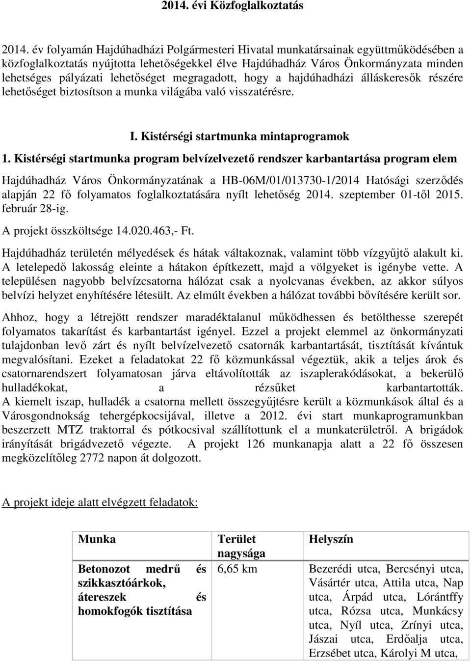 lehetőséget megragadott, hogy a hajdúhadházi álláskeresők részére lehetőséget biztosítson a munka világába való visszatérésre. I. Kistérségi startmunka mintaprogramok 1.