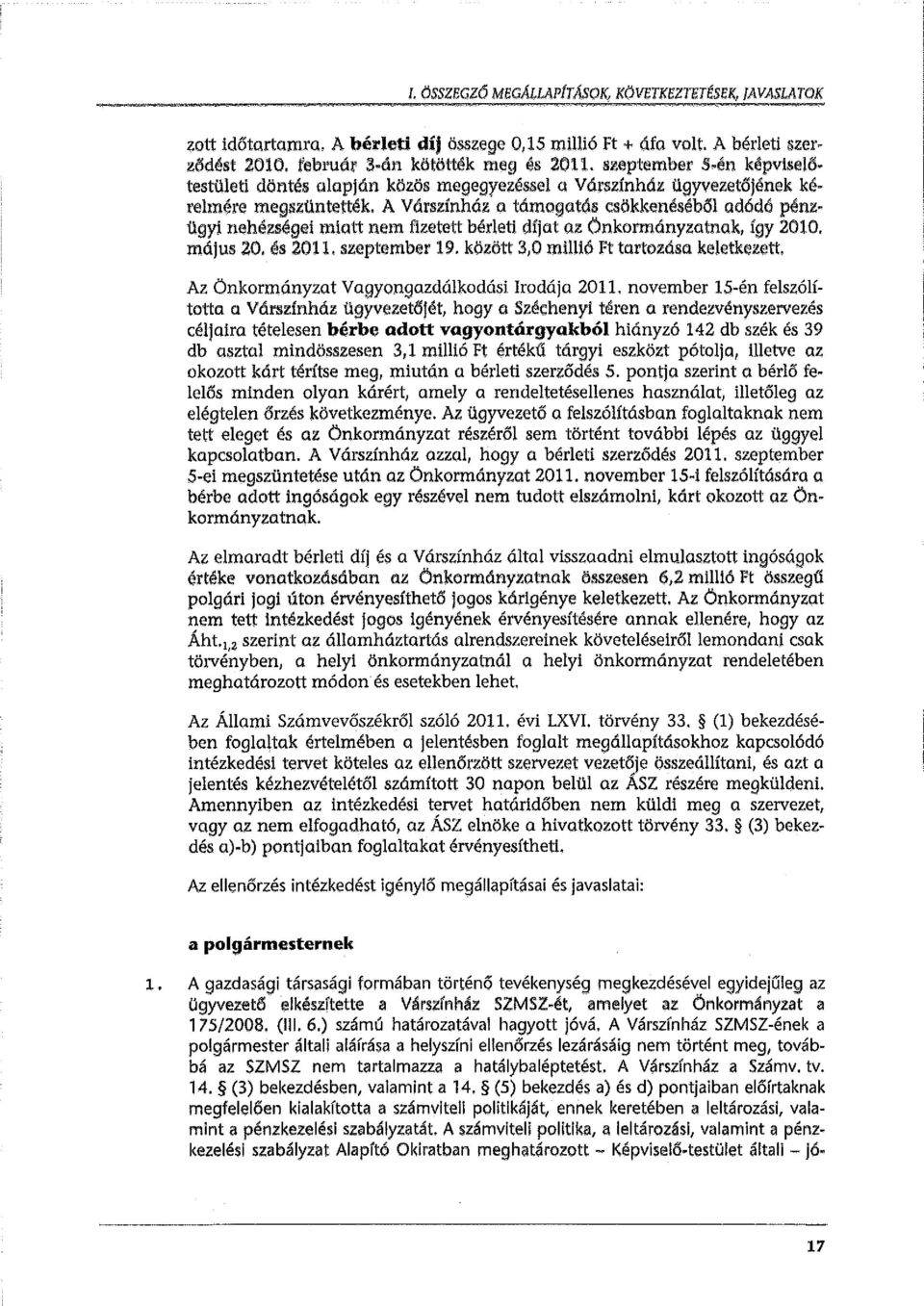 A Várszínház a támogatás csökkenéséből adódó pénzügyi nehézségel mlatt nem fizetett bérleti díjat az Önkormány:zatnak, így 2010. május 20. és 2011. szeptember 19.