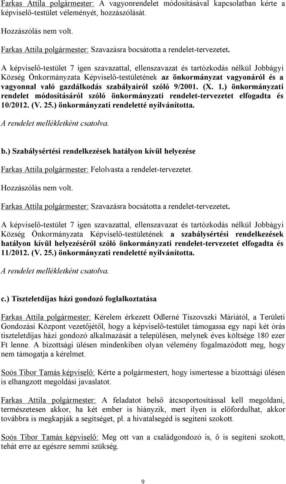 A képviselő-testület 7 igen szavazattal, ellenszavazat és tartózkodás nélkül Jobbágyi Község Önkormányzata Képviselő-testületének az önkormányzat vagyonáról és a vagyonnal való gazdálkodás