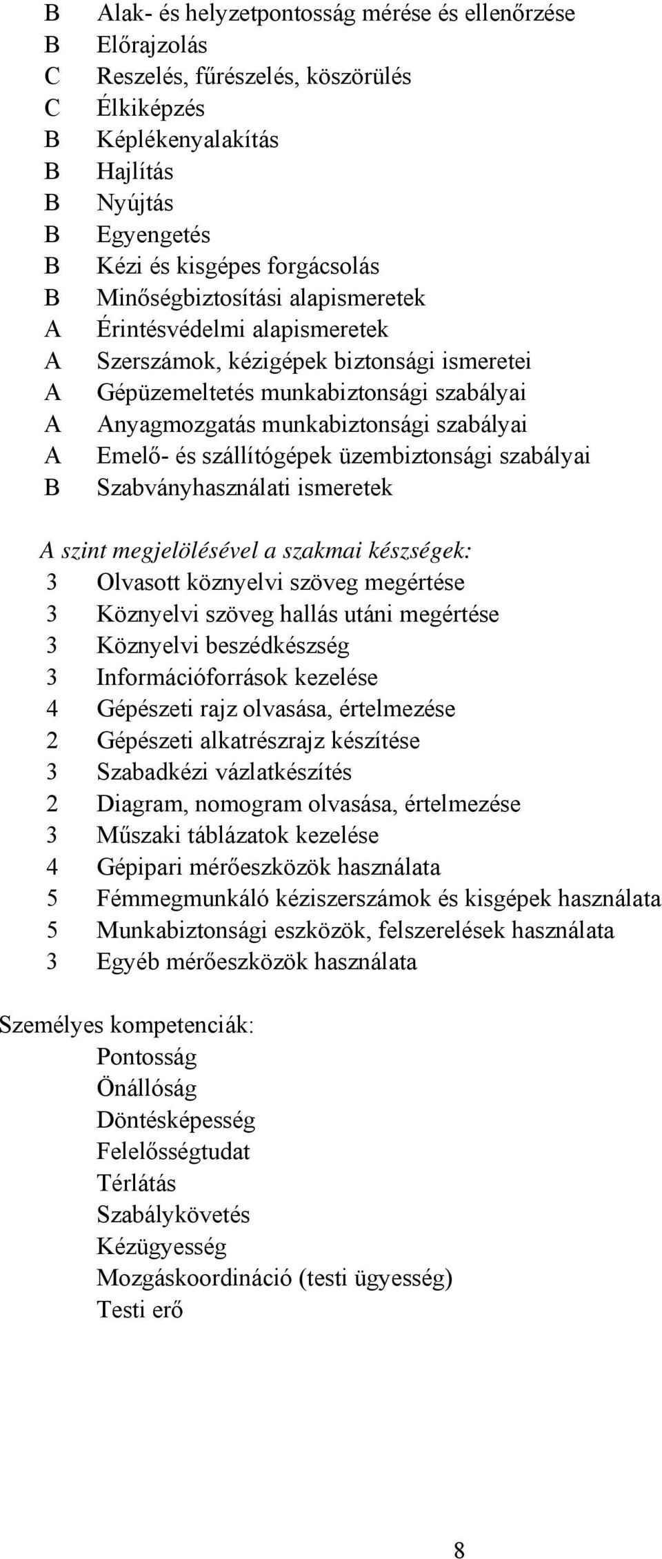 szállítógépek üzembiztonsági szabályai Szabványhasználati ismeretek A szint megjelölésével a szakmai készségek: 3 Olvasott köznyelvi szöveg megértése 3 Köznyelvi szöveg hallás utáni megértése 3