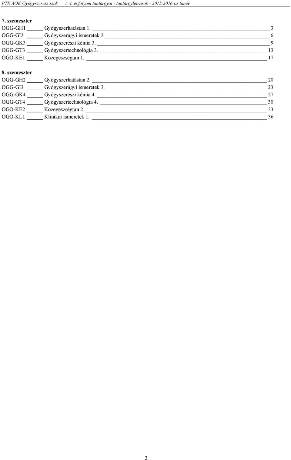 17 8. szemeszter OGG-GH2 Gyógyszerhatástan 2. 20 OGG-GI3 Gyógyszerügyi ismeretek 3.