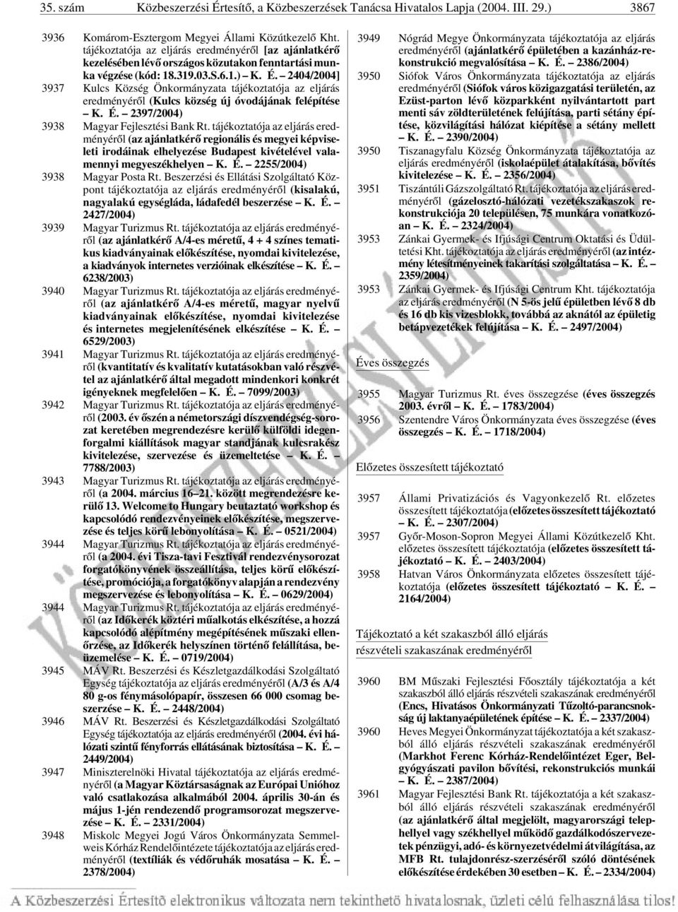 2404/2004] 3937 Kulcs Község Önkormányzata tájékoztatója az eljárás eredményérõl (Kulcs község új óvodájának felépítése K. É. 2397/2004) 3938 Magyar Fejlesztési Bank Rt.