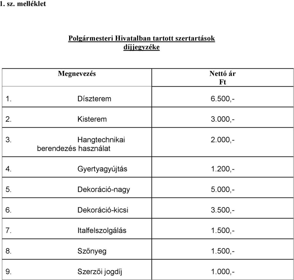 Nettó ár Ft 1. Díszterem 6.500,- 2. Kisterem 3.000,- 3.