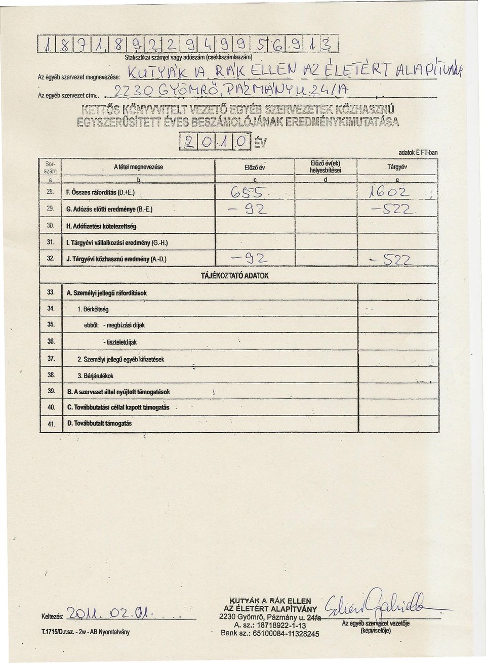 G. Adózás elótt eredménye (B.E.) 32 t S22 j 30, H. Adófzetés kötelezettség., 3,. t Tárgyév vállalkozás eredmény (GA'!.) J2.. J. Tárgyévl közhasznú eredmény (A.O.) Cj2 ' S2.2 TÁJÉKOZTAtÓ ADATOK t 33.