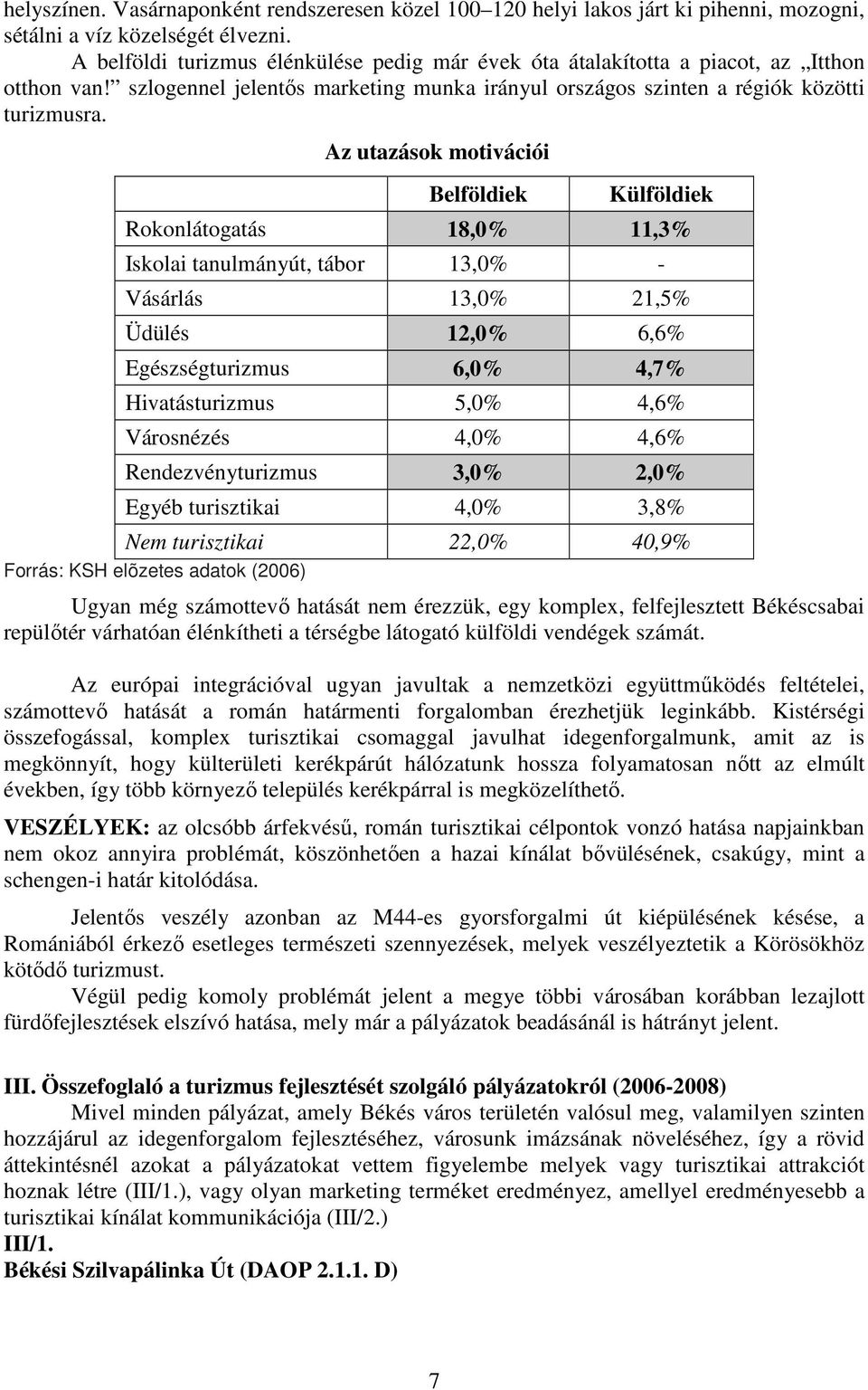 Az utazások motivációi Belföldiek Külföldiek Rokonlátogatás 18,0% 11,3% Iskolai tanulmányút, tábor 13,0% - Vásárlás 13,0% 21,5% Üdülés 12,0% 6,6% Egészségturizmus 6,0% 4,7% Hivatásturizmus 5,0% 4,6%