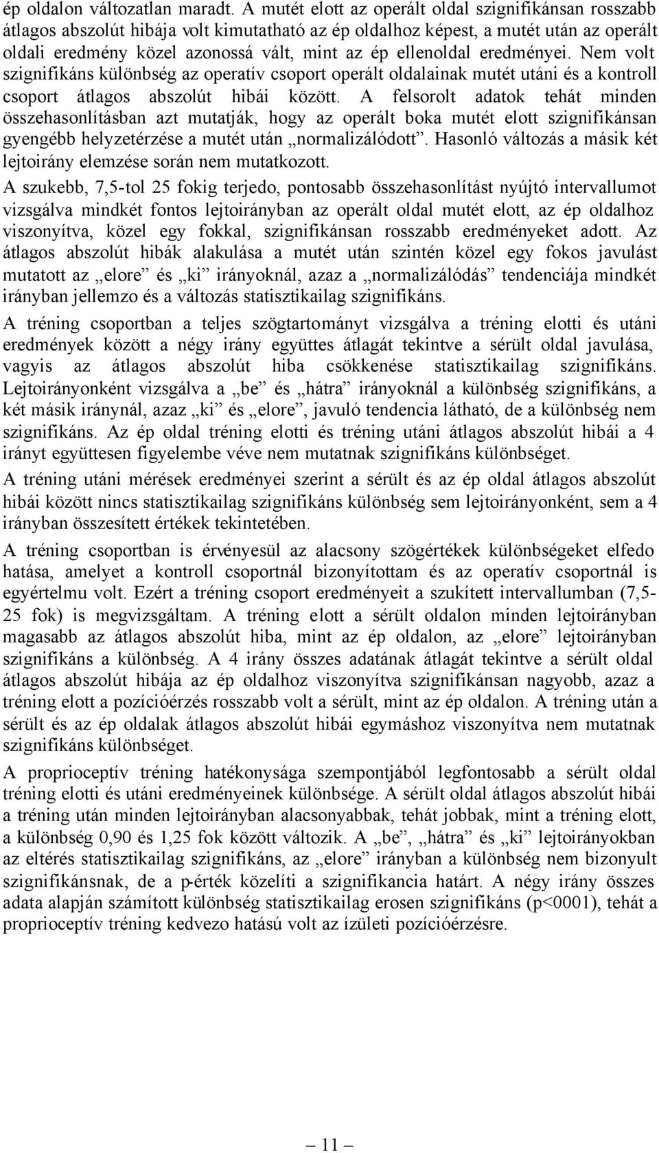 ellenoldal eredményei. Nem volt szignifikáns különbség az operatív csoport operált oldalainak mutét utáni és a kontroll csoport átlagos abszolút hibái között.