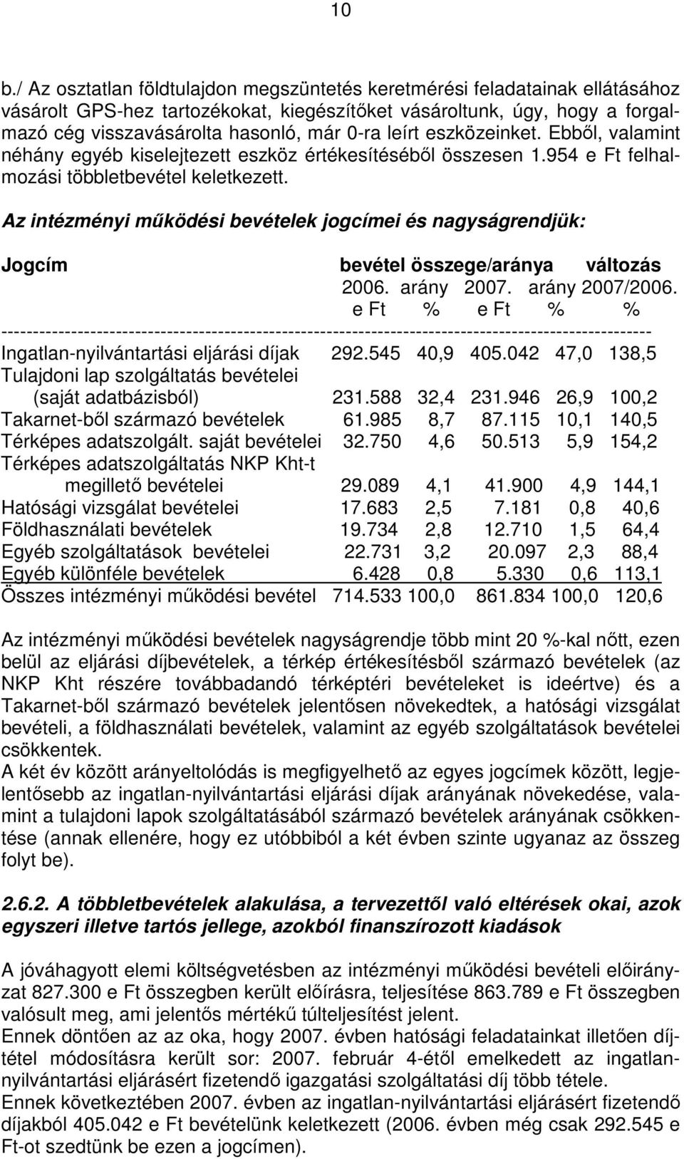 Az intézményi mőködési bevételek jogcímei és nagyságrendjük: Jogcím bevétel összege/aránya változás 2006. arány 2007. arány 2007/2006.