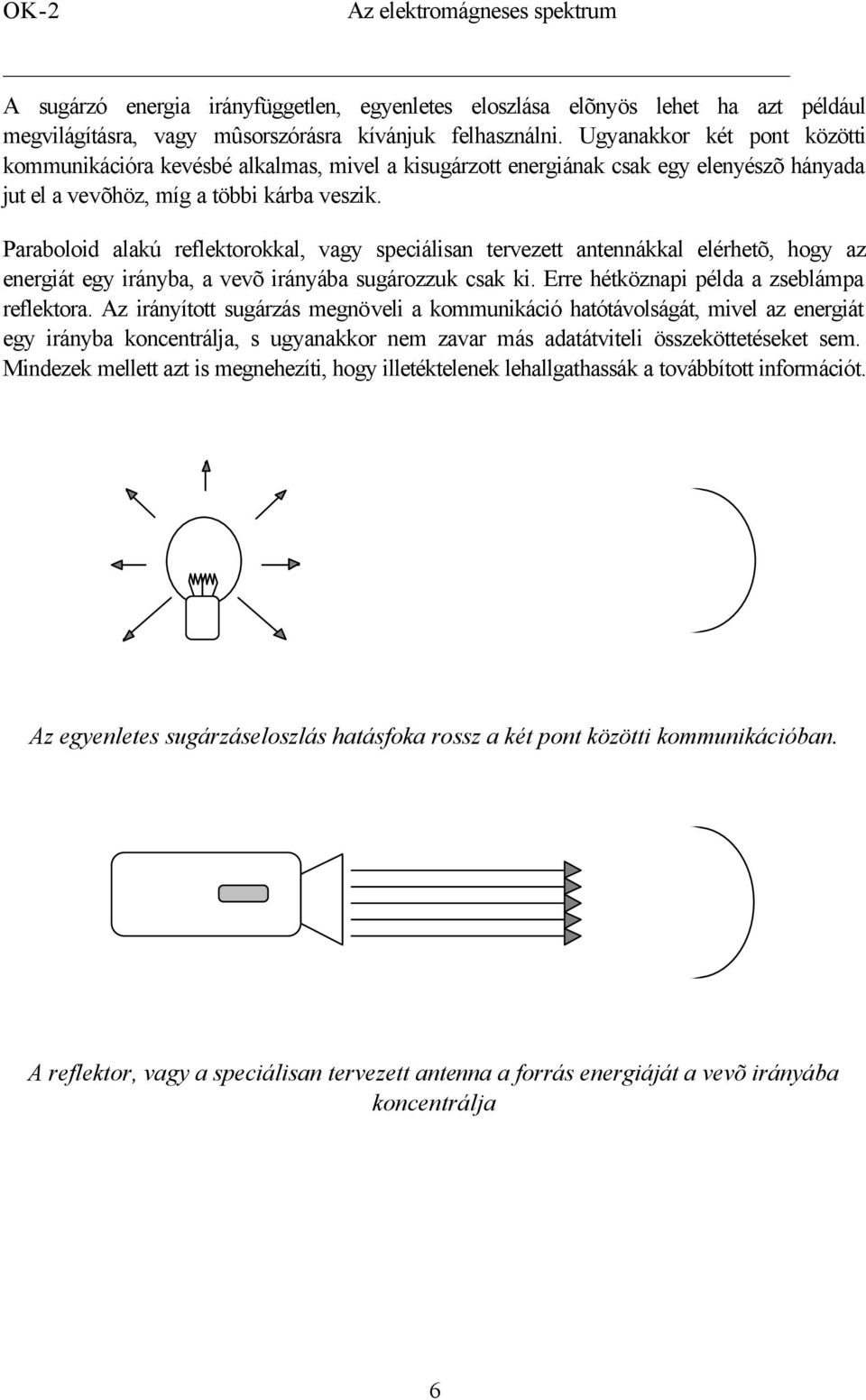 Paraboloid alakú reflektorokkal, vagy speciálisan tervezett antennákkal elérhetõ, hogy az energiát egy irányba, a vevõ irányába sugározzuk csak ki. Erre hétköznapi példa a zseblámpa reflektora.